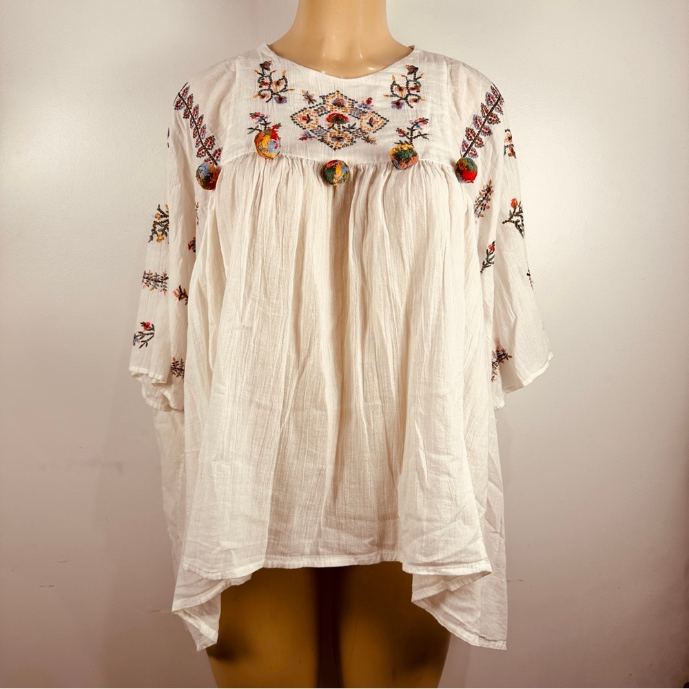 Zara Gauze Embroidered Tunic Pom Pom Sz M Loose Top Shirt Lightweight 5107/002